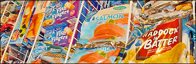 Packages of frozen fish at a supermarket in Ireland.