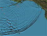Still image from tsunami simulation showing megaripples moving across the entire North Pacific.
